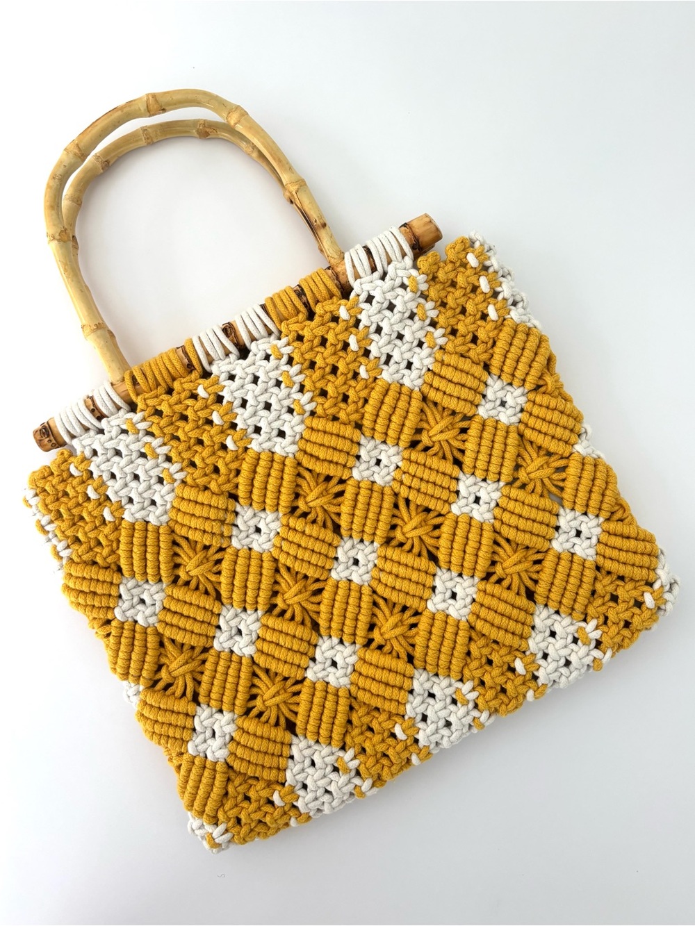 Zara Handcrafted Macrame Handbag NWOT Mustard White Bamboo Handles